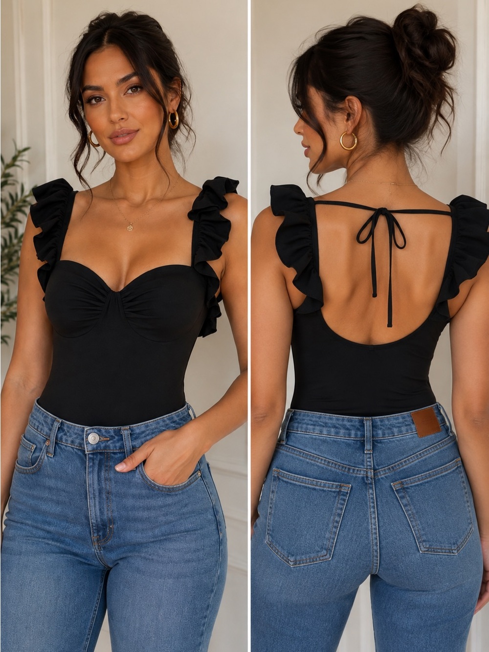 Bebe Black Ruffle Strap Bodysuit Size Large Ruched Bust Tie Back